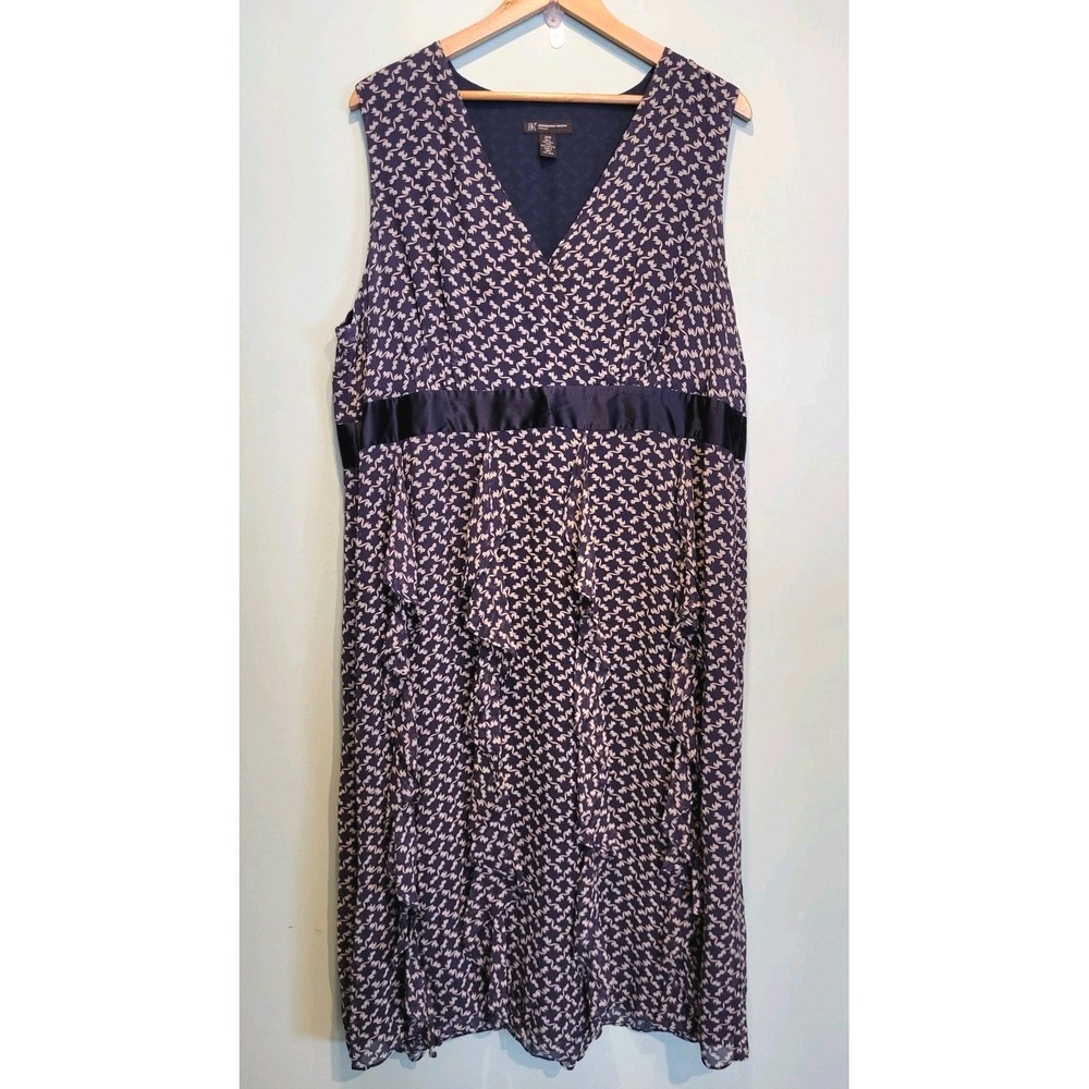 Navy Blue Gray 100% Silk Sleeveless Ruffle Midi Dress INC Sz 20w